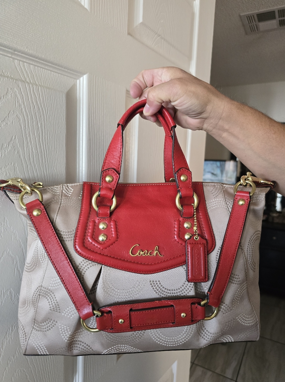 Coach Ashley Dotted Op Art Beige Red Carryall Satchel #F20027